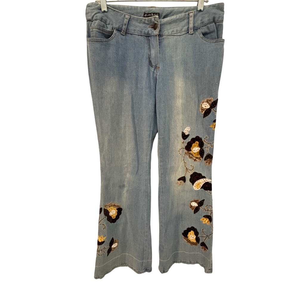 Alexandra Bartlett Petite 8P Floral Embroidered Beaded Flare Jeans Light Wash